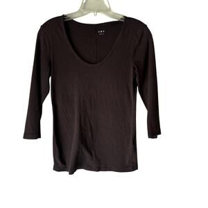 Three Dots Shirt Womens Medium Brown 3/4 Sleeve Scoop Neck 100% Cotton USA